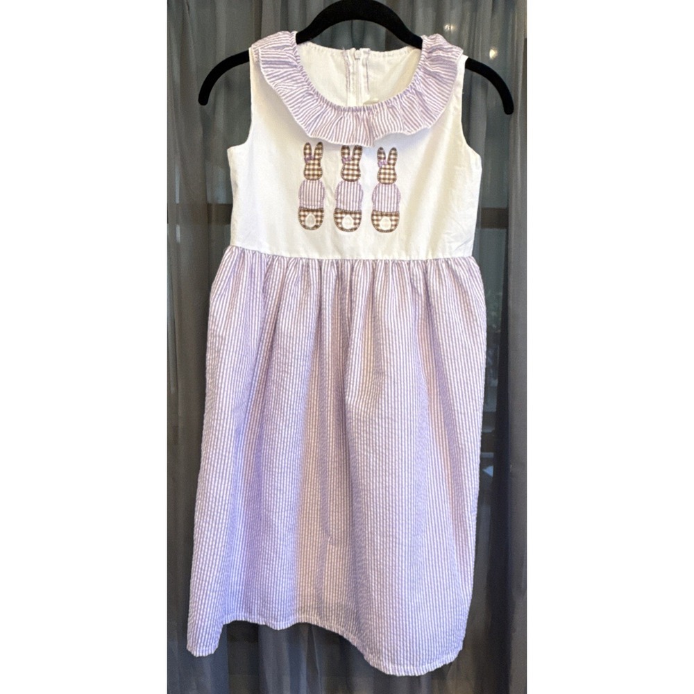 Orange Poppy Girls Size 10-12T Lavender Seersucker Easter Bunny Ruffle Dress